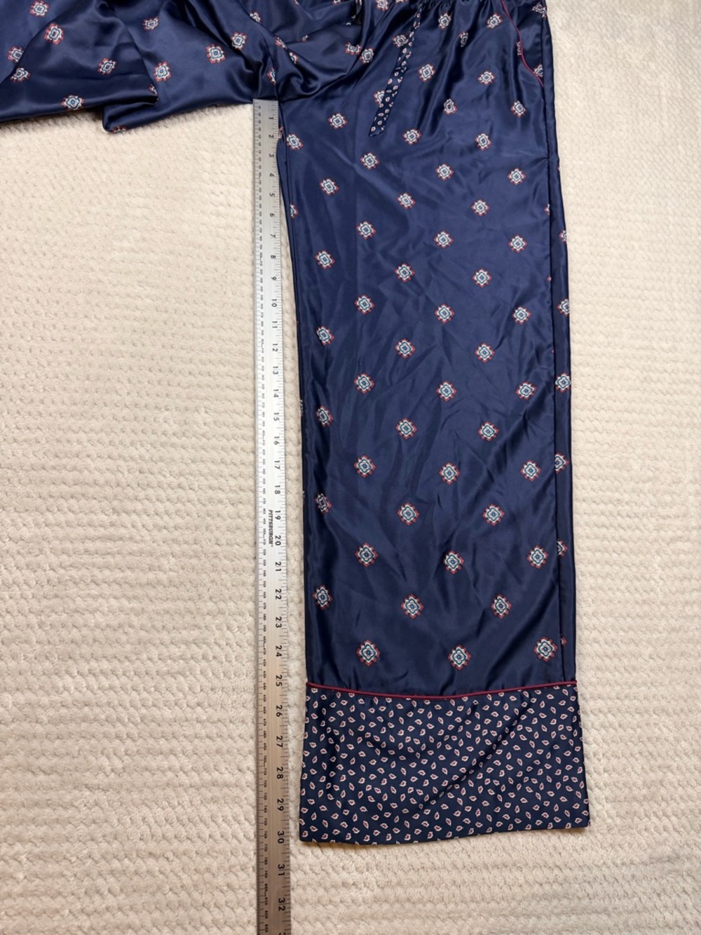 In Bloom Poly Satin Navy Two-Piece Women's Pajama Set with Printed Trim - Picture 7 of 11